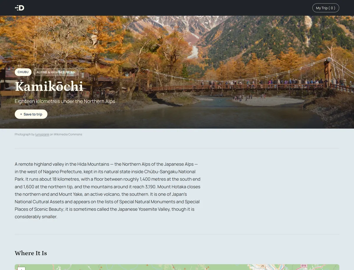 Decide: the Kamikōchi decision hub, with region and category badges, a Save to trip button, and the place description.