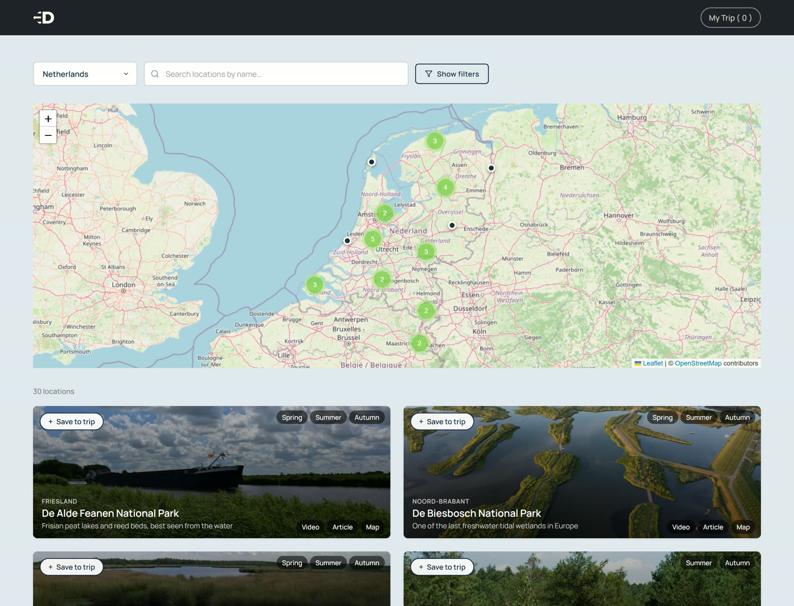 The EntoHub demo on the Netherlands: a country selector, a place search, a clustered map, and location cards with Save to trip.